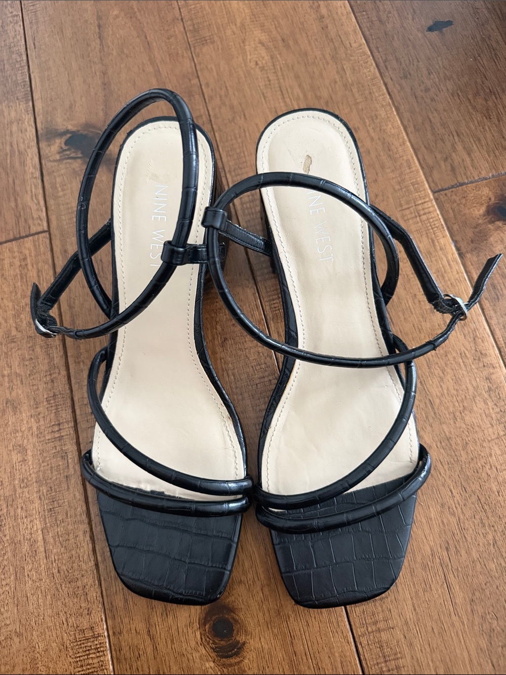 Nine West Black Croc-Textured Square Toe Strappy Sandals